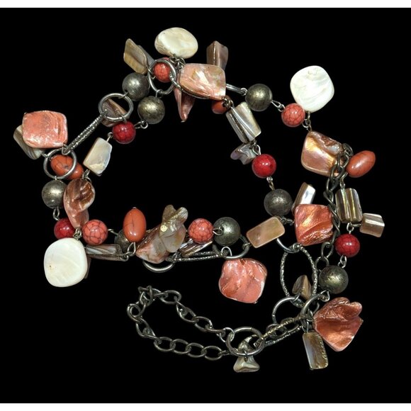 Vintage Mermaidcore Metal, Stone, And Pink Shell Chip Beaded Necklace - Picture 1 of 7